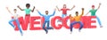 The word welcome on a white background. Group of young multicultural happy people jump and dance together. Horizontal banner