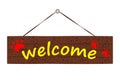 Word Welcome on a wooden hanging plaque with dog paw prints. Vector illustration of isolate on white Royalty Free Stock Photo