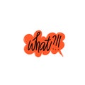 Word What with exclamation points and question mark on white background with red call out cloud. Modern vector lettering Royalty Free Stock Photo
