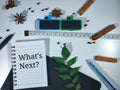 Word what next on notebook with copy space board on white background.Business concept. Royalty Free Stock Photo