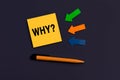 The Word Why message on card for presentation, business. Orange square sticky note, near pen and colourful arrows on dark