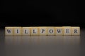 The word WILLPOWER written on wooden cubes isolated on a black background