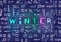 The word Winter as neon glowing unique typeset symbols, luminous letters winter