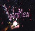 The word Women in outer space. Created using vr. Neon letters in outer space with glowing flower