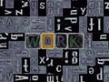 The word work as letters, unique typeset symbols over abstract mosaic pattern background