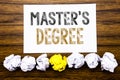 Word, writing Master s Degree. Concept for Academic Education Written on sticky note paper reminder, wooden background with sticky Royalty Free Stock Photo