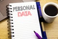 Word, writing Personal Data. Business concept for Digital Protection written on notebook book on the wooden background in the Offi Royalty Free Stock Photo