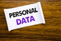 Word, writing Personal Data. Business concept for Digital Protection written on sticky note paper on the wooden wood structure vis Royalty Free Stock Photo