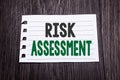 Word, writing Risk Assessment. Business concept for Safety Danger Analyze written on sticky note paper on the dark wooden backgrou Royalty Free Stock Photo