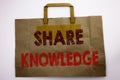 Word, writing Share Knowledge. Business concept for Education Sharing Written on shopping bag, white isolated background.