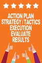 Word writing text Action Plan Strategy Tactics Execution Evaluate Results. Business concept for Management Feedback Men women hand Royalty Free Stock Photo