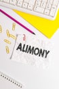 Word writing text Alimony. Business concept for money paid to either husband or wife after a divorce by court order Flat lay above Royalty Free Stock Photo