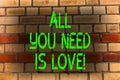 Word writing text All You Need Is Love. Business concept for Deep affection needs appreciation roanalysisce Brick Wall