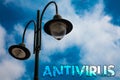 Word writing text Antivirus. Business concept for Safekeeping Barrier Firewall Security Defense Protection Surety Light post blue Royalty Free Stock Photo