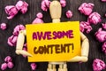 Word, writing, text Awesome Content. Conceptual photo Creative Strategy Education Website Concept written on Sticky Note Holding