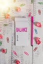 Word writing text Balance. Business concept for a state of equilibrium or equipoise Living with peace and harmony Stripped notepad Royalty Free Stock Photo
