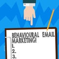 Word writing text Behavioural Email Marketing. Business concept for customercentric trigger base messaging strategy Hu analysis Royalty Free Stock Photo