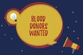 Word writing text Blood Donors Wanted. Business concept for Looking for someone willing to donate their blood