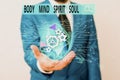 Word writing text Body Mind Spirit Soul. Business concept for Personal Balance Therapy Conciousness state of mind Male Royalty Free Stock Photo