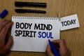 Word writing text Body Mind Spirit Soul. Business concept for Personal Balance Therapy Conciousness state of mind Hand hold pen no Royalty Free Stock Photo