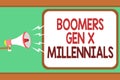 Word writing text Boomers Gen X Millennials. Business concept for generally considered to be about thirty years Man holding megaph