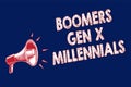 Word writing text Boomers Gen X Millennials. Business concept for generally considered to be about thirty years Megaphone loudspea Royalty Free Stock Photo