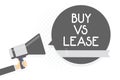 Word writing text Buy Vs Lease. Business concept for Own something versus borrow it Advantages Disadvantages Man holding megaphone