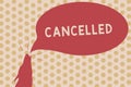 Word writing text Cancelled. Business concept for decide or announce that planned event will not take place Contour