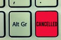 Word writing text Cancelled. Business concept for decide or announce that planned event will not take place Keyboard key Royalty Free Stock Photo