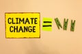 Word writing text Climate Change. Business concept for Increase in global average temperature Weather transformation Yellow piece