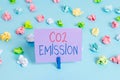 Word writing text Co2 Emission. Business concept for Releasing of greenhouse gases into the atmosphere over time Colored
