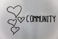 Word writing text Community. Business concept for Neighborhood Association State Affiliation Alliance Unity Group Hearts white bac