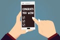 Word writing text Congrats You Win. Business concept for Congratulations for your accomplish competition winner Hu