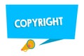 Word writing text Copyright. Business concept for exclusive and assignable legal right given to originator Blank Royalty Free Stock Photo