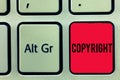 Word writing text Copyright. Business concept for exclusive and assignable legal right given to originator Keyboard key