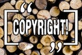 Word writing text Copyright. Business concept for Saying no to intellectual property piracy Wooden background vintage wood wild