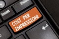 Word writing text Cost Per Impression. Business concept for refers rate that advertiser has agreed to pay for number