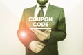 Word writing text Coupon Code. Business concept for ticket or document that can be redeemed for a financial discount