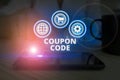 Word writing text Coupon Code. Business concept for ticket or document that can be redeemed for a financial discount.