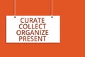 Word writing text Curate Collect Organize Present. Business concept for Pulling out Organization Curation Presenting Hanging board Royalty Free Stock Photo