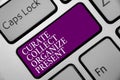 Word writing text Curate Collect Organize Present. Business concept for Pulling out Organization Curation Presenting Keyboard purp Royalty Free Stock Photo
