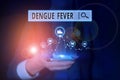 Word writing text Dengue Fever. Business concept for infectious disease caused by a flavivirus or aedes mosquitoes Woman