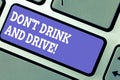Word writing text Don T Drink And Drive. Business concept for Do not take alcoholic drinks if you are driving Keyboard Royalty Free Stock Photo