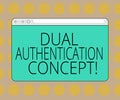 Word writing text Dual Authentication Concept. Business concept for Need two types of credentials for authentication