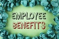 Word writing text Employee Benefits. Business concept for list of advantage recruiter get at work Insurance written on plain backg Royalty Free Stock Photo