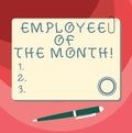 Word writing text Employee Of The Month. Business concept for Reward Prize recognition for hard good excellent job Blank Royalty Free Stock Photo