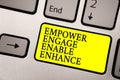 Word writing text Empower Engage Enable Enhance. Business concept for Empowerment Leadership Motivation Engagement Grey silvery ke