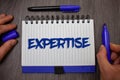 Word writing text Expertise. Business concept for Expert skill or knowledge in a particular field Experience Wisdom Man hold holdi Royalty Free Stock Photo