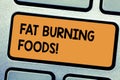 Word writing text Fat Burning Foods. Business concept for Certain types of food burn calories as you chew them Keyboard