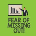 Word writing text Fear Of Missing Out. Business concept for Afraid of losing something or someone stressed Man in